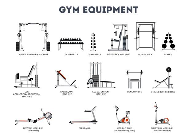 ilustraciones, imágenes clip art, dibujos animados e iconos de stock de conjunto de equipos de gimnasio sobre fondo blanco - máquinas de ejercicios