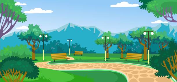 Green park with beautiful landscape and mountains Green park with beautiful landscape and mountains vector illustration. Benches, trees, alley and street lamps cartoon design. Outdoor rest zone concept field non urban scene sky landscape stock illustrations