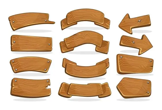 Vector illustration of Cartoon wooden signboards of various shapes set