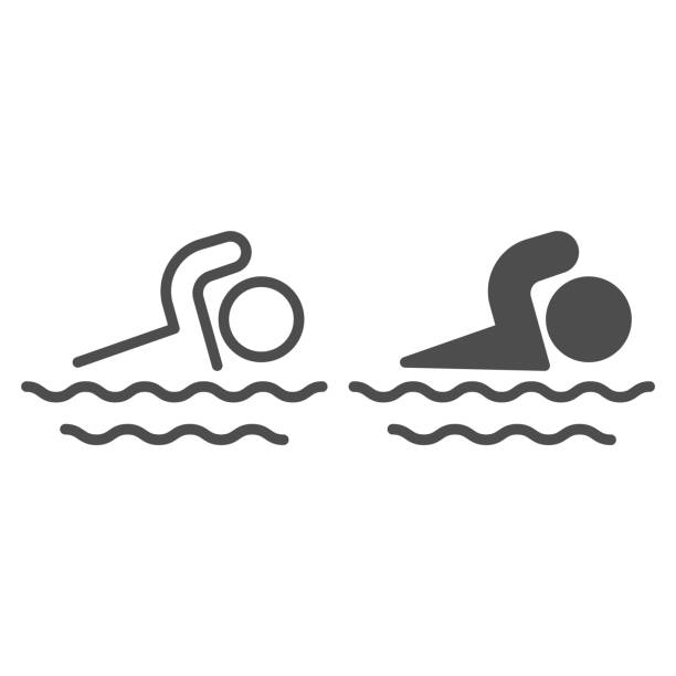 남자는 바다 라인과 단색 아이콘, 여름 개념, 흰색 배경에 수영 기호, 모바일 개념 및 웹 디자인에 대한 개요 스타일의 수영 아이콘에서 수영. 벡터 그래픽. - swim about stock illustrations