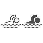 istock Man swims in sea line and solid icon, Summer concept, Swimming sign on white background, swim icon in outline style for mobile concept and web design. Vector graphics. 1227613252