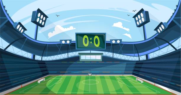 футбольное поле с зеленой травой и табло - american football stadium stock illustrations