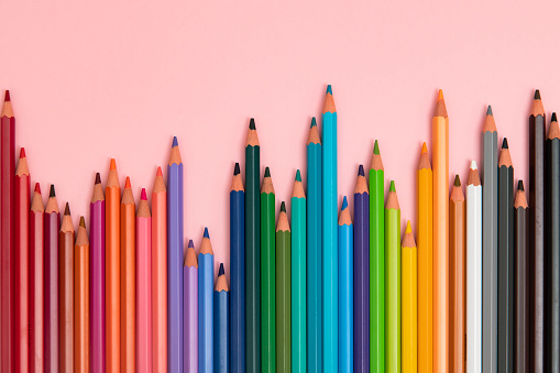 Colored pencils close-up macro shot. school education and drawing skills
