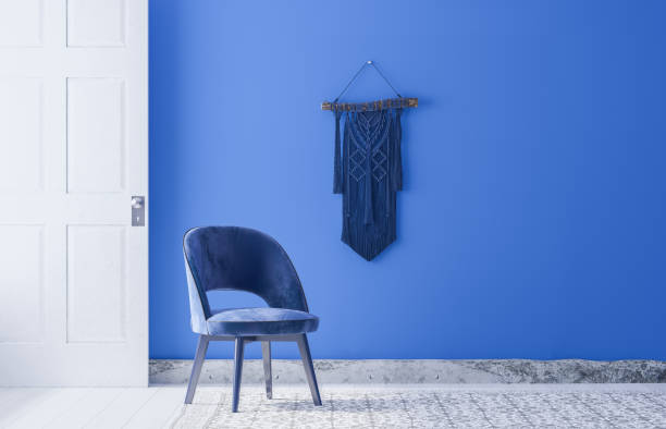 istock Modern blue boho style, minimal living room with macrame on blue wall background interior design. Stock photo 1227615200