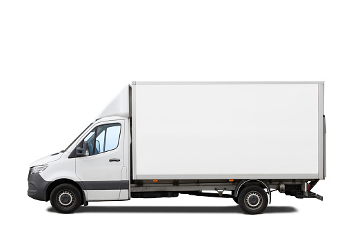 A small white delivery or moving truck isolated on white. Includes clipping path.
