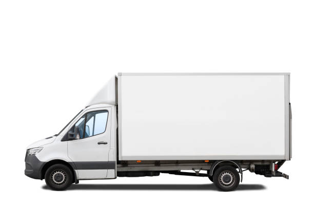 White delivery truck isolated on white A small white delivery or moving truck isolated on white. Includes clipping path. moving van stock pictures, royalty-free photos & images