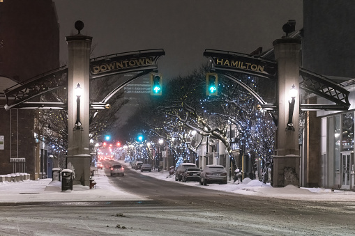 Hamilton, Ontario - Downtown Hamilton Sign at Night in the Winter
