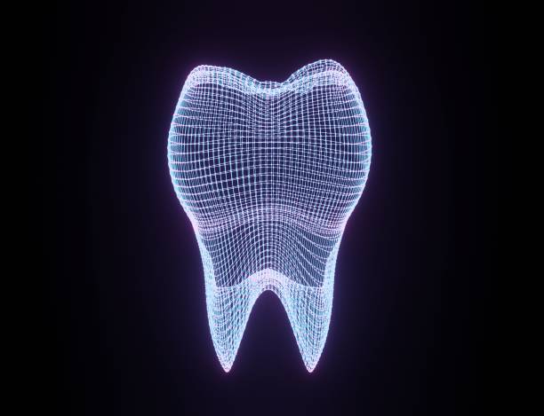 istock Tooth Wireframe Mesh. Neon grid molar. Connection Structure. Dental medicine, health concept. 3d illustration 1227617711