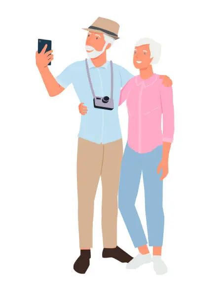 Vector illustration of technology, tourism, travel and people concept - happy senior couple with smartphone taking selfie. Modern flat cartoon style.