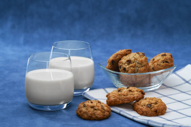 Two glasses of milk and homemade cookies stock photo