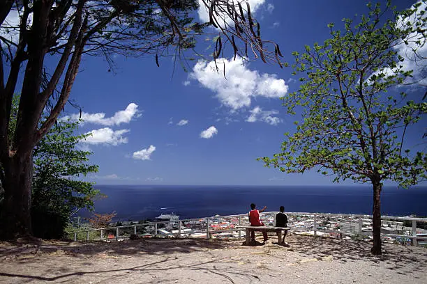 View from the mountain to the port of Roseau, the capital of Dominica.