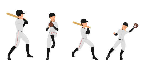 ilustraciones, imágenes clip art, dibujos animados e iconos de stock de conjunto de iconos de jugadores de béisbol. ilustración vectorial deportiva en un estilo plano. - baseball baseball player baseballs catching