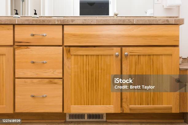 Front Face Of New Wooden Cabinetry Stock Photo - Download Image Now - Bathroom, Cabinet, Stained
