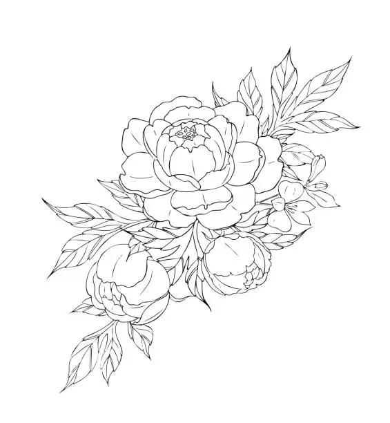 Vector illustration of Peony flowers and leaves, tattoo compositions. Black linear illustration isolated on a white background.