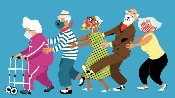 Senior center safety fun Group of active seniors dancing conga line and wearing protective non-medical facial masks to prevent spread of Covid-19, EPS 8 vector illustration old people dancing stock illustrations
