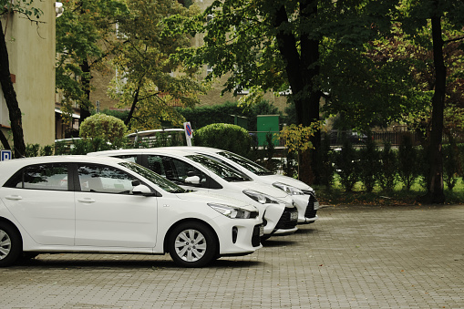 Bielsko-Biala, Poland, October 3, 2019. Three similar white cars of different brands are parked. Modern cars, side view.