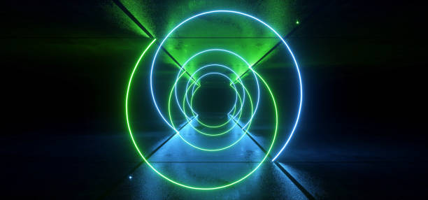 istock Neon Glowing Sci Fi Cyber Synth Wave Green Blue Spiral Glowing Concrete Grunge Underground Floor Showroom Hallway Garage Tunnel Space Ship 3D Rendering 1227621623