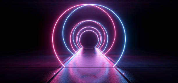 istock Neon Glowing Sci Fi Cyber Synth Wave Purple Blue Spiral Glowing Concrete Grunge Underground Floor Showroom Hallway Garage Tunnel Space Ship 3D Rendering 1227621680