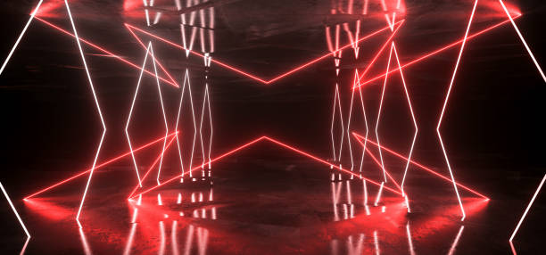 istock Neon Lights Glowing Lines Beams Lasers Podium Showcase Red Concrete Underground Sci Fi Futuristic Cyber Synth Dance Stage Club Spaceship Dark Night Background 3D Rendering 1227621898