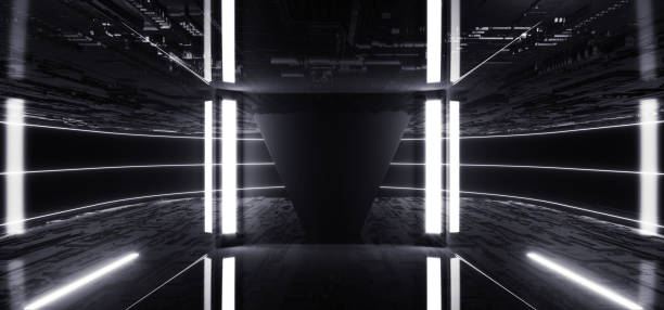 istock Sci Fi Future Neon Laser White Futuristic Synth Cyber Technology Metal Schematic Texture Metal Reflections Realistic Dark Night Warehouse 3D Rendering 1227621968