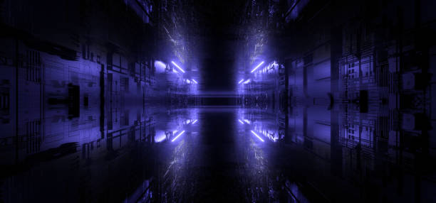 istock Sci Fi Future Neon Laser Blue Purple Violet  Futuristic Synth Cyber Technology Metal Schematic Texture Metal Reflections Realistic Dark Night Warehouse 3D Rendering 1227622074