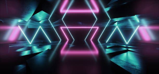 istock Abstract Sci Fi Neon Futuristic Synth Cyber Virtual Glowing Purple Blue Lights Underground Tunnel Corridor Warehouse Concrete Grunge Reflective  Laser Beams Background 3D Rendering 1227622085