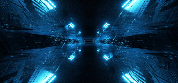 istock Sci Fi Future Neon Laser Blue Purple Violet  Futuristic Synth Cyber Technology Metal Schematic Texture Metal Reflections Realistic Dark Night Warehouse 3D Rendering 1227622152
