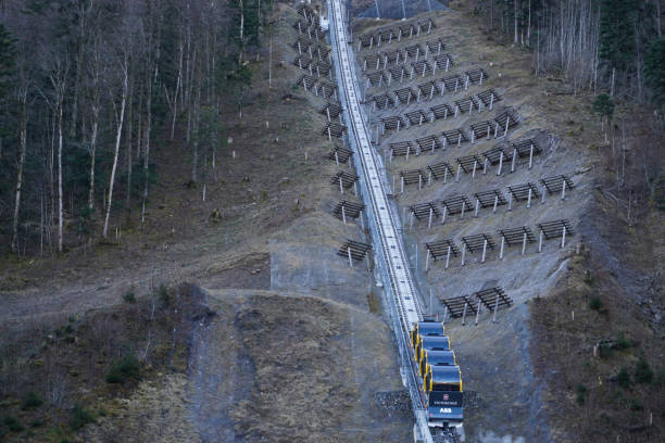 Stoos, Schwyz, Switzerland - February 22 2020: The funicular railway going up towards Stoos. The Stoosbahn is the steepest funicular in the world.
