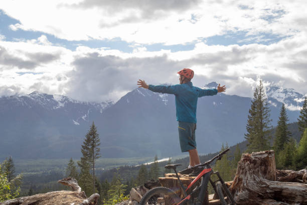 istock Mountain biker stands on stump above valley, mountains and forest 1227623270