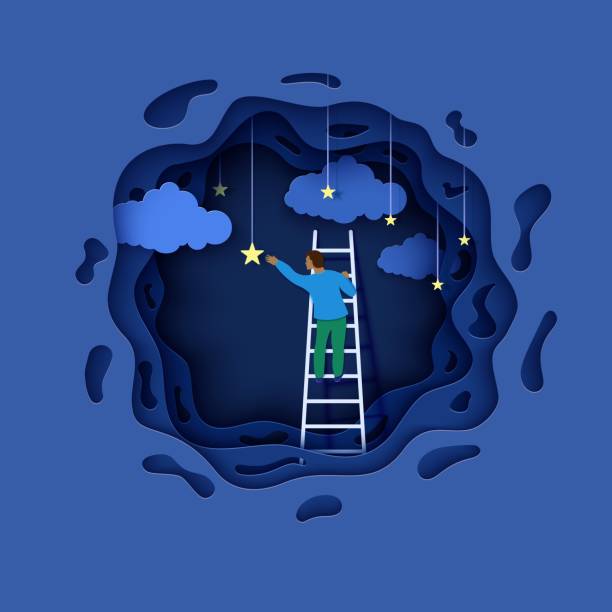 Man on a ladder to pick the star above cloud in paper cut style. Papercut businessman climbing on ladder to sky and trying to catch dream star. Follow your dreams vector motivational poster concept Man on a ladder to pick the star above cloud in paper cut style. Papercut businessman climbing on ladder to sky and trying to catch dream star. Follow your dreams vector motivational poster concept. catching illustrations stock illustrations