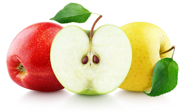 maçãs coloridas com folhas isoladas em branco - apple granny smith apple three objects green - fotografias e filmes do acervo