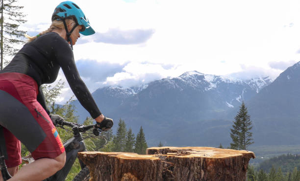 istock Mountain biker arrives at viewpoint and dismounts bicycle 1227625024