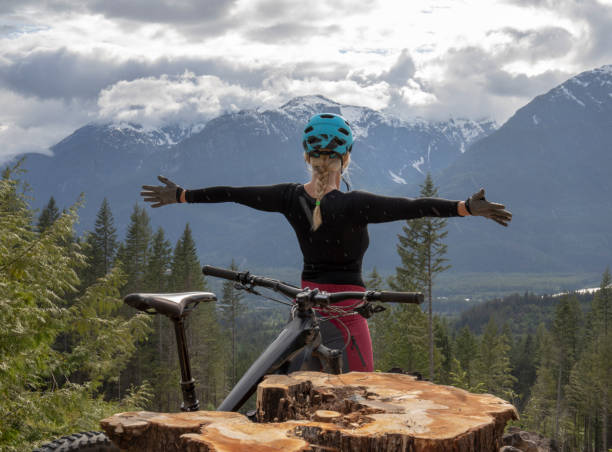 istock Mountain biker arrives at view point over valley, mountains and forest 1227625037