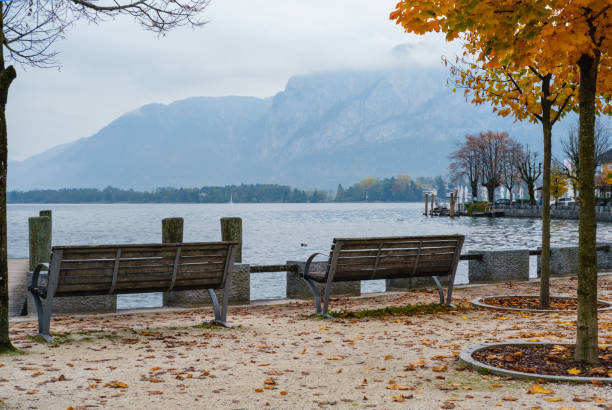 vista del lago de montaña de los alpes de otoño mondsee, salzkammergut, alta austria. - seepromenade fotografías e imágenes de stock