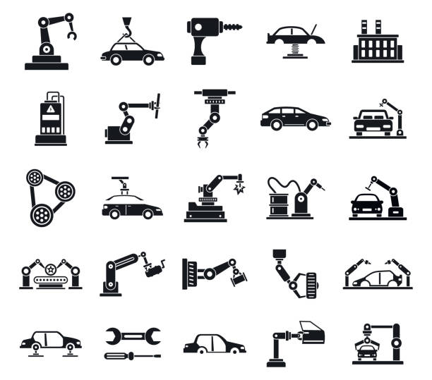 ilustraciones, imágenes clip art, dibujos animados e iconos de stock de conjunto de iconos de fábrica de coches, estilo simple - fábrica de coches