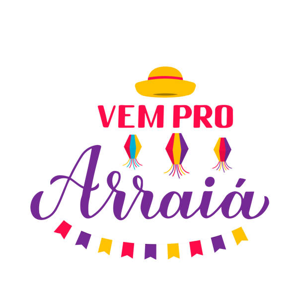 stockillustraties, clipart, cartoons en iconen met festa junina kalligrafie banner met hand letters vem pro arraia (ga naar partij) met papieren lantaarns op en gele hoed. brazilië juni festival de sao joao. vectorsjabloon voor poster, uitnodiging, flyer - são joão