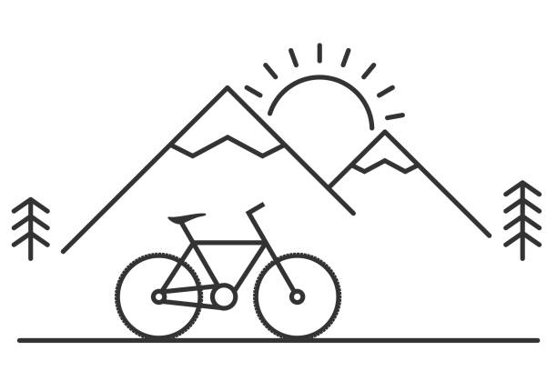 산악 자전거, 언덕, 태양, 나무, 라인 아이콘. 자연 관광, 여행, 모험, 개념. - mountain biking cycling action bicycle stock illustrations