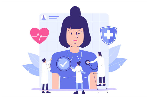 Medical Checkup Concept. Doctors and Medical Staff examining female patient. Healthcare. Medical diagnosis. Medicine. Isolated flat vector illustration for poster, web, banner, ui, infographics vector art illustration
