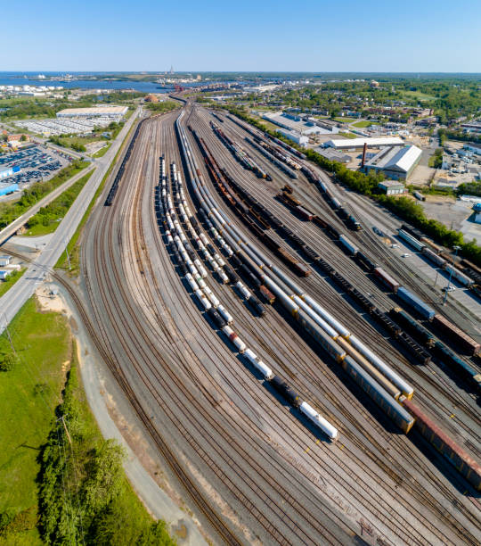 Aerial vertical stitched panorama of a railroad depot Aerial view on the railroad paths in a depot parallel port stock pictures, royalty-free photos & images