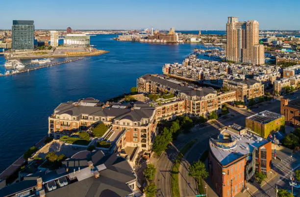 Photo of The aerial view on Harbor View residential district and marina at Patapsco River in Baltimore, Maryland, USA, at sunset.