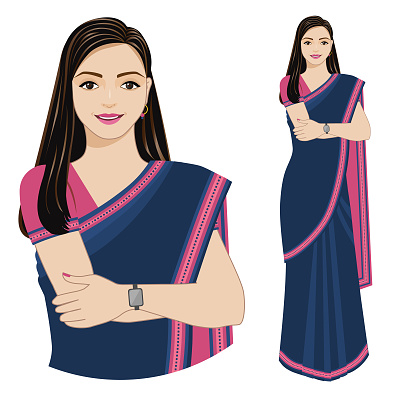 Vector illustration of a modern Indian woman in a sari isolated on a white background. EPS 10 file file is made in RGB color. File is arranged in layers and groups. Close up and standing pose are on different layers. No clipping mask.