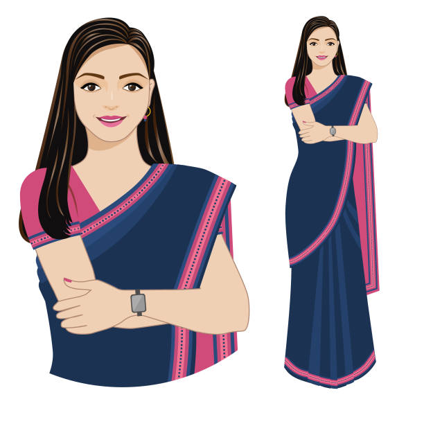 Modern Indian woman Vector illustration of a modern Indian woman in a sari isolated on a white background. EPS 10 file file is made in RGB color. File is arranged in layers and groups. Close up and standing pose are on different layers. No clipping mask. sari stock illustrations