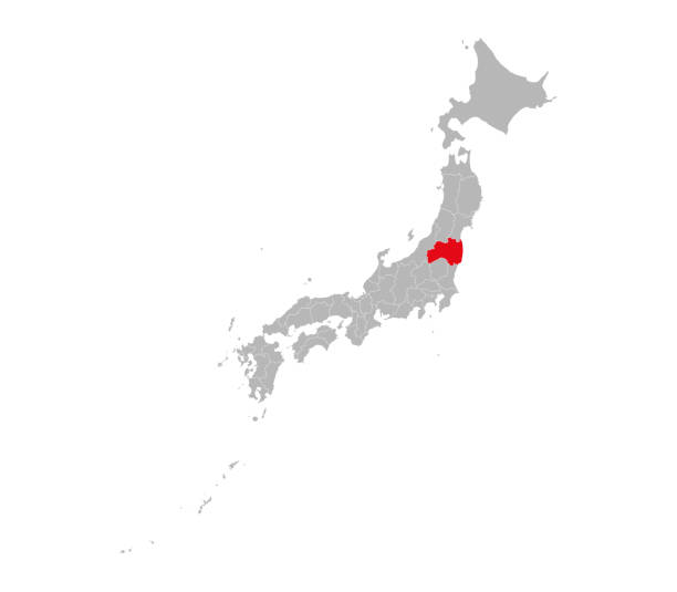 ilustraciones, imágenes clip art, dibujos animados e iconos de stock de la provincia de fukushima destacó en el mapa político de japón. - región de tohoku