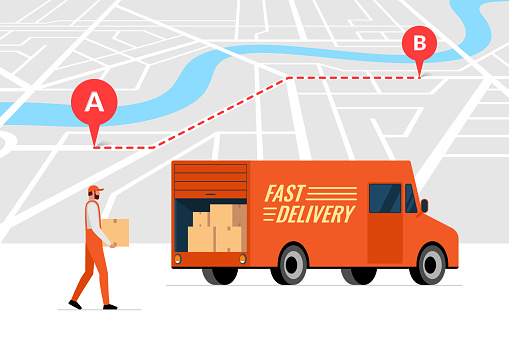 Fast delivery order service and online route tracking on city map concept. Lorry truck and male courier with package box. Express cargo logistics shipping flat vector illustration