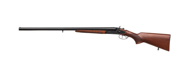 istock Classic double-barrell smooth-bore hunting rifle isolated on white background. Weapons for sport and hunting. Wooden butt gun. 1227633559