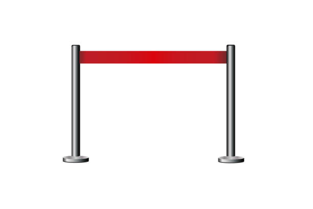 istock Realistic fencing for exclusive entrance or security zone. Silver barrier with red ribbon for VIP Presentation. Red rope for exhibition halls and car dealerships. 1227636561