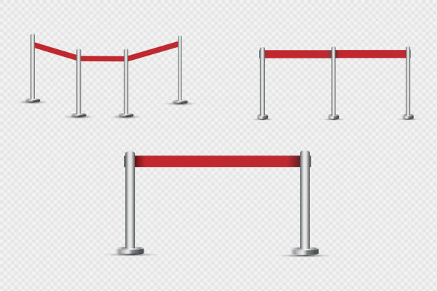 istock Realistic fencing for exclusive entrance or security zone. Silver barrier with red ribbon for VIP Presentation. Red rope for exhibition halls and car dealerships. 1227636691