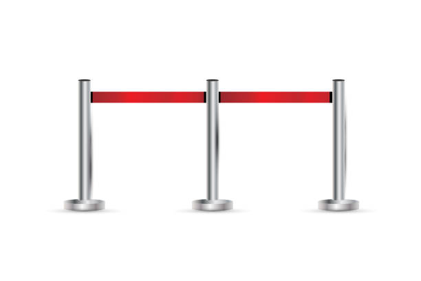 istock Realistic fencing for exclusive entrance or security zone. Silver barrier with red ribbon for VIP Presentation. Red rope for exhibition halls and car dealerships. 1227636721