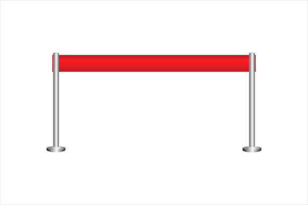 istock Realistic fencing for exclusive entrance or security zone. Silver barrier with red ribbon for VIP Presentation. Red rope for exhibition halls and car dealerships. 1227637436