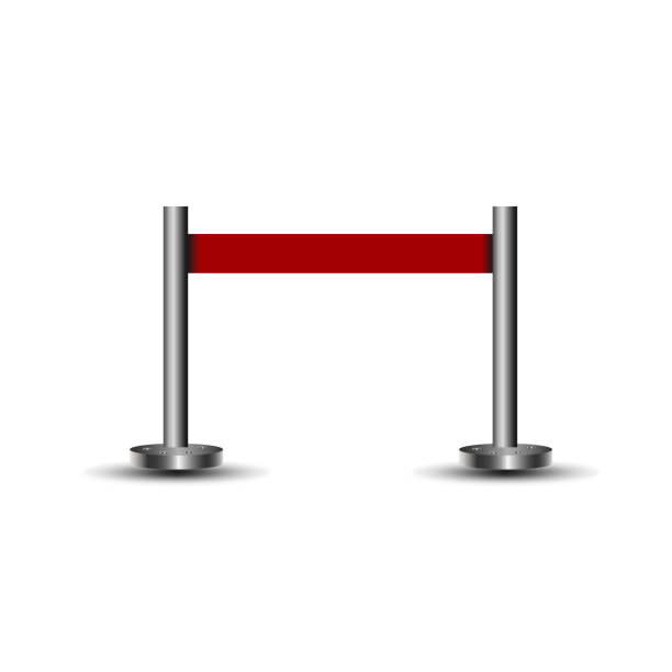 istock Realistic fencing for exclusive entrance or security zone. Silver barrier with red ribbon for VIP Presentation. Red rope for exhibition halls and car dealerships. 1227637799